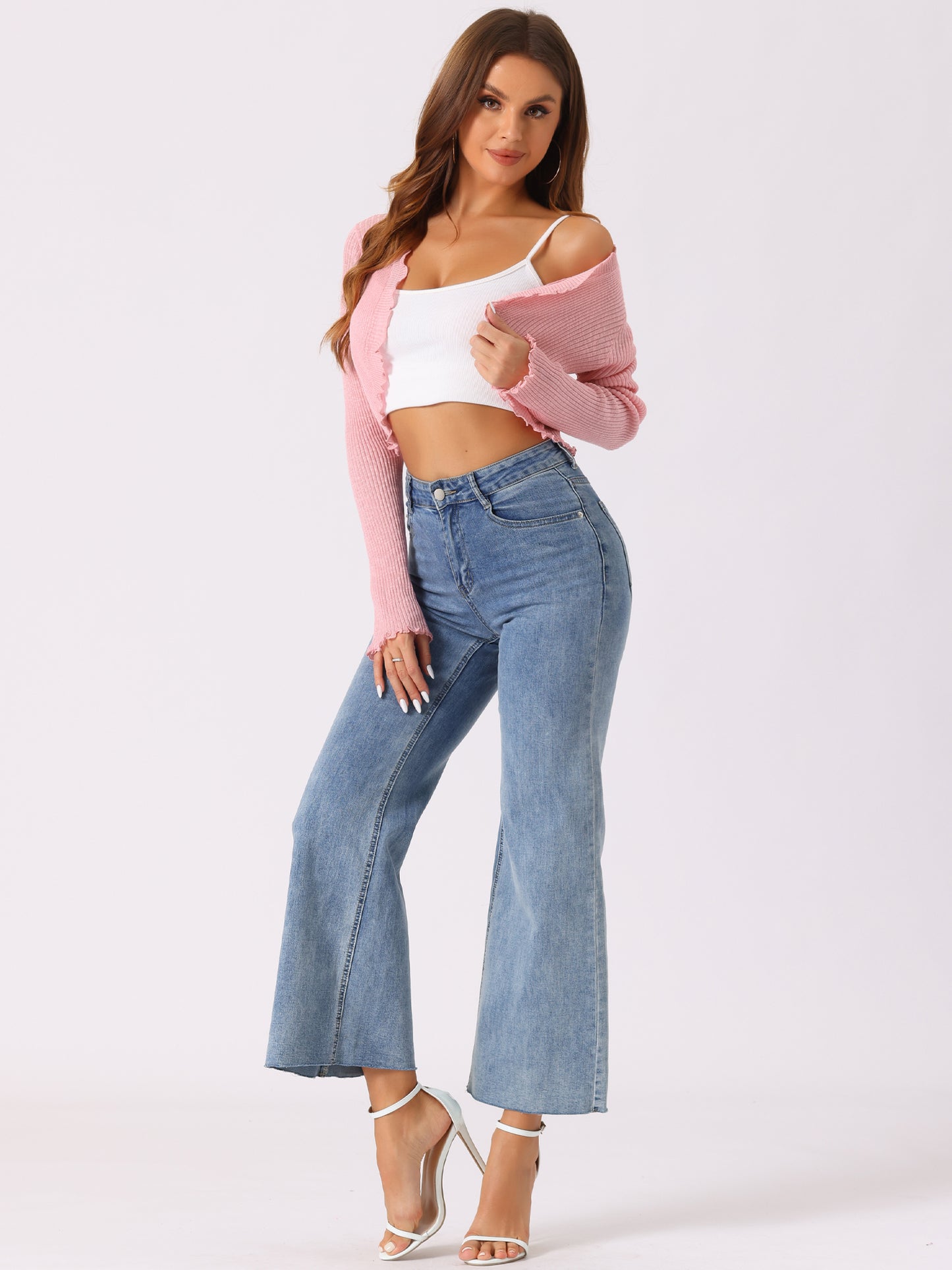 Cárdigan tipo bolero informal de punto con mangas largas y volantes para mujer, de primavera