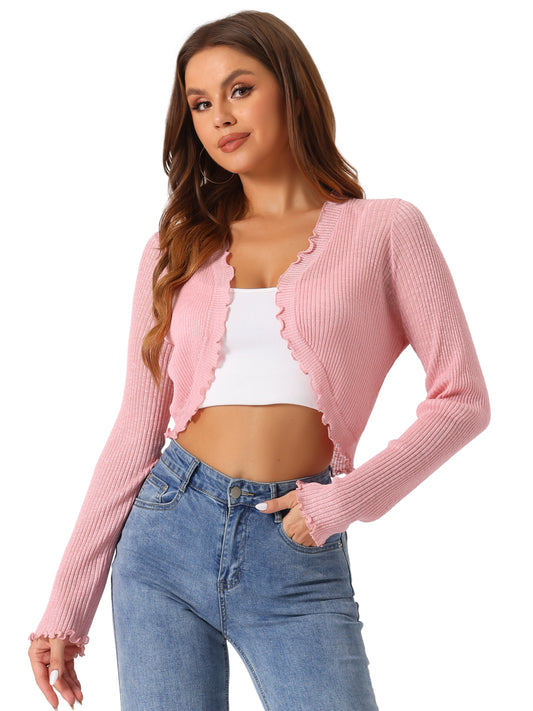 Cárdigan tipo bolero informal de punto con mangas largas y volantes para mujer, de primavera