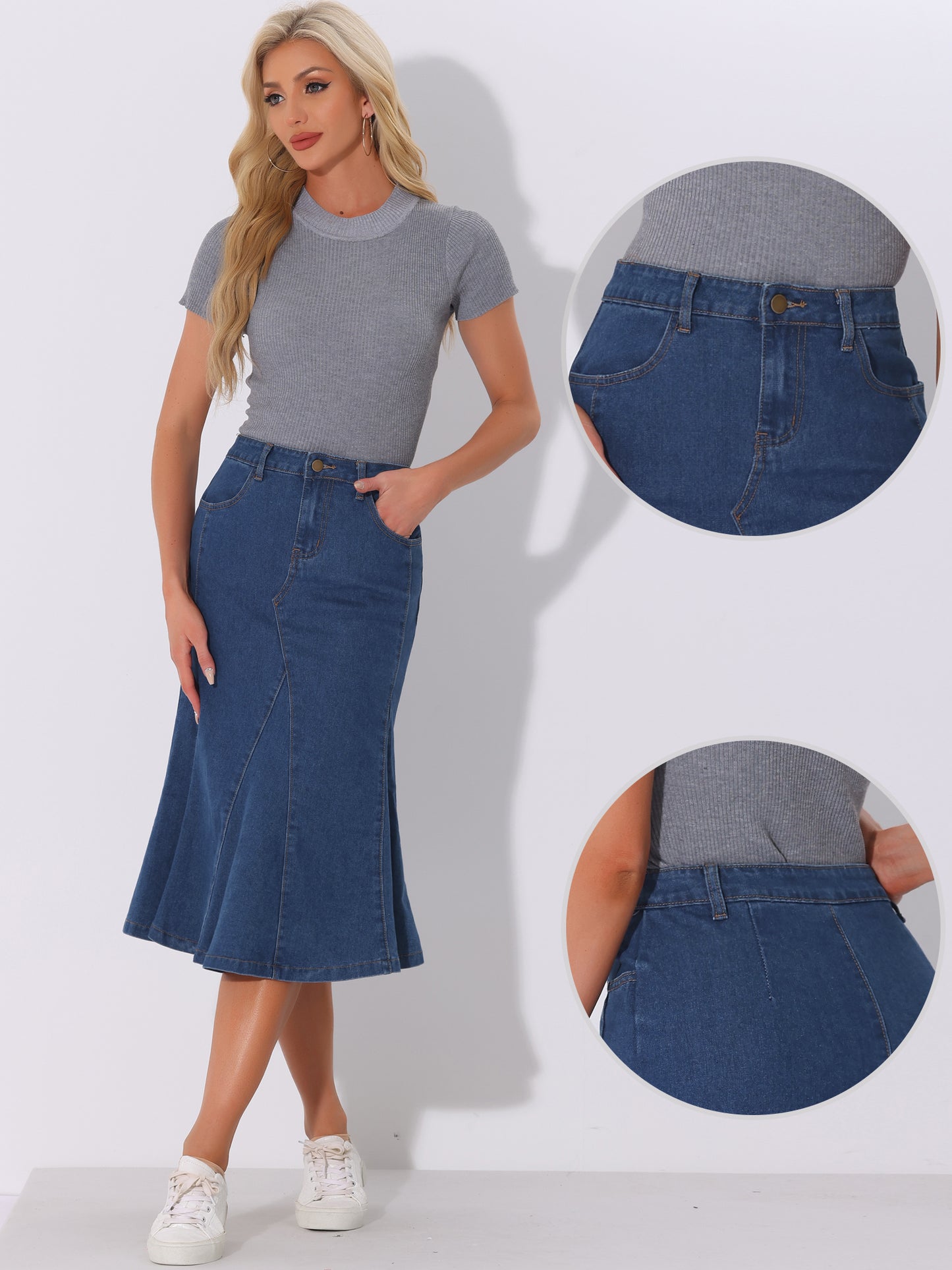 Women's Casual Denim Skirt High Waisted A-Line Flared Midi Skirts