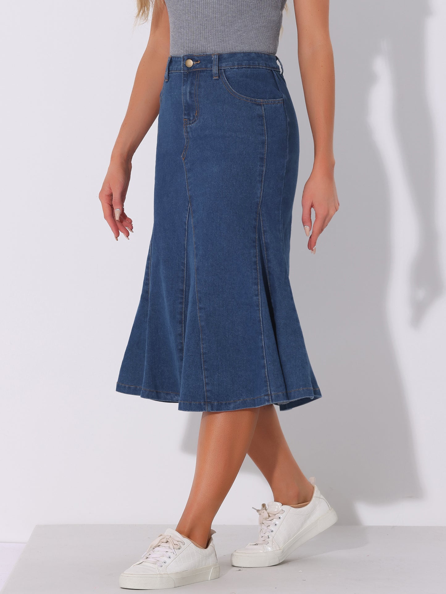 Women's Casual Denim Skirt High Waisted A-Line Flared Midi Skirts