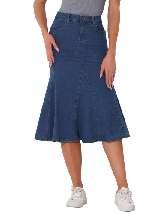 Women's Casual Denim Skirt High Waisted A-Line Flared Midi Skirts