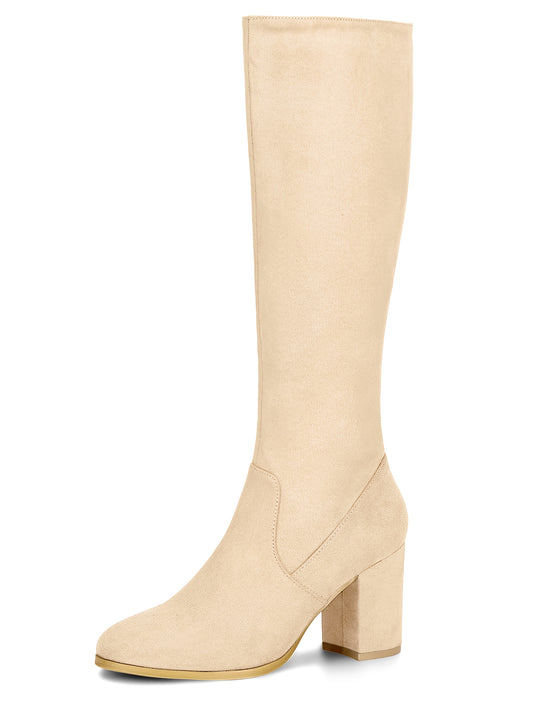 Women's Side Zipper Knee High Boots Chunky Heel Knee Boots, Light Colors