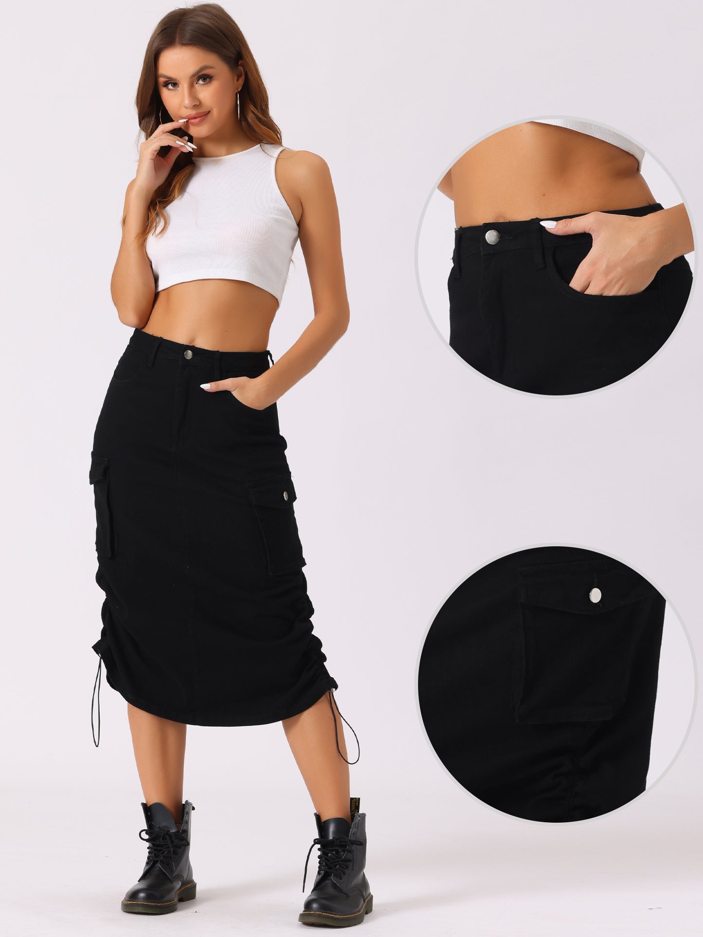 Women's Adjustable A-Line Midi Long Cargo Denim Skirt