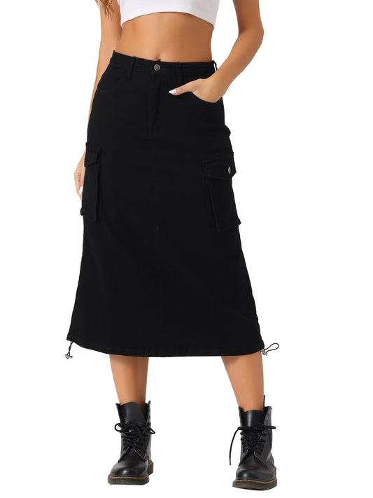 Women's Adjustable A-Line Midi Long Cargo Denim Skirt
