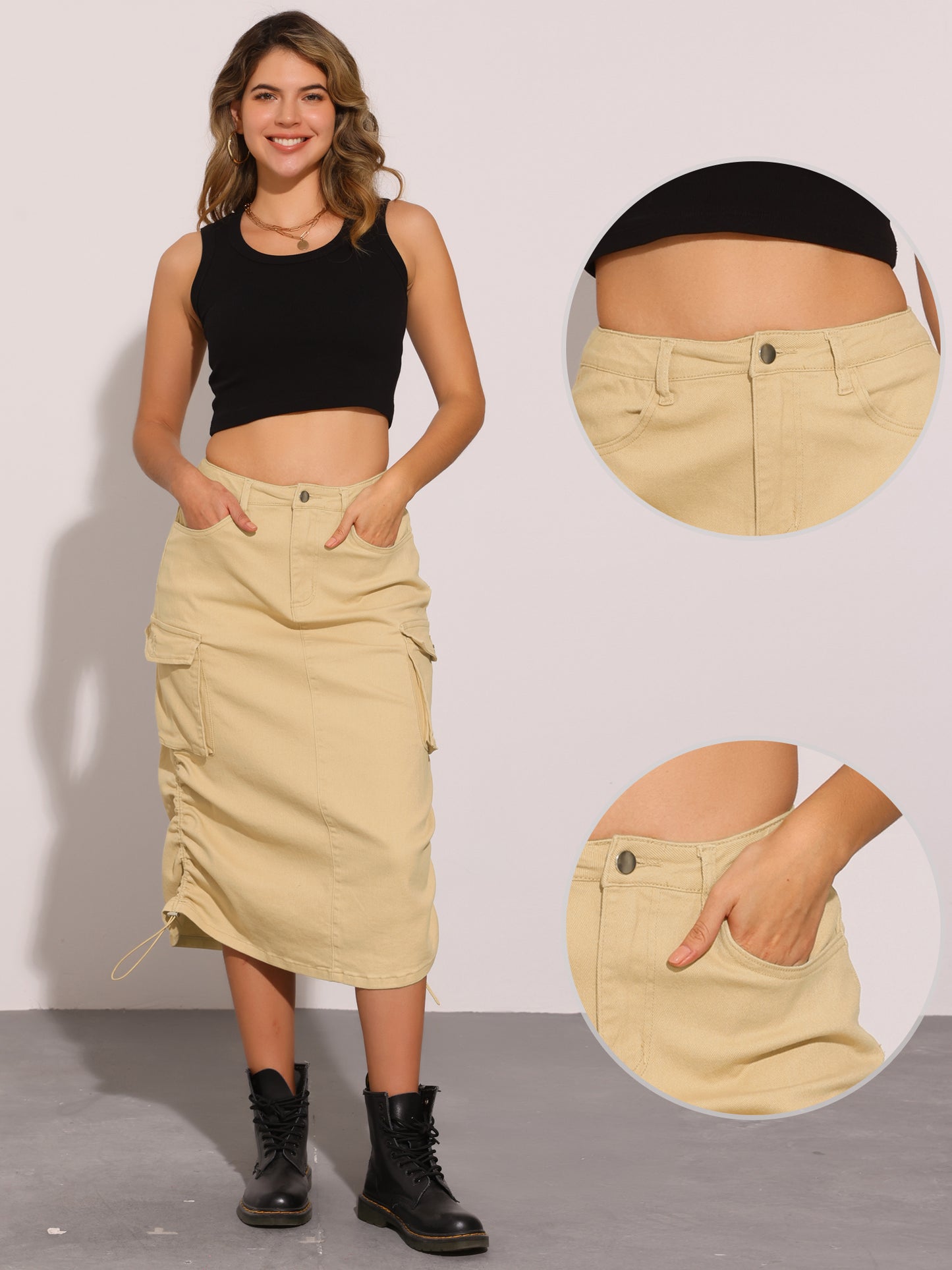 Women's Adjustable A-Line Midi Long Cargo Denim Skirt