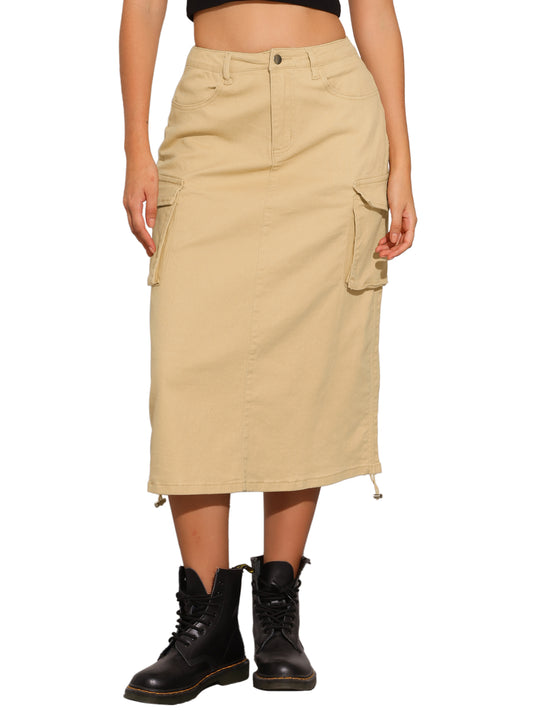 Women's Adjustable A-Line Midi Long Cargo Denim Skirt