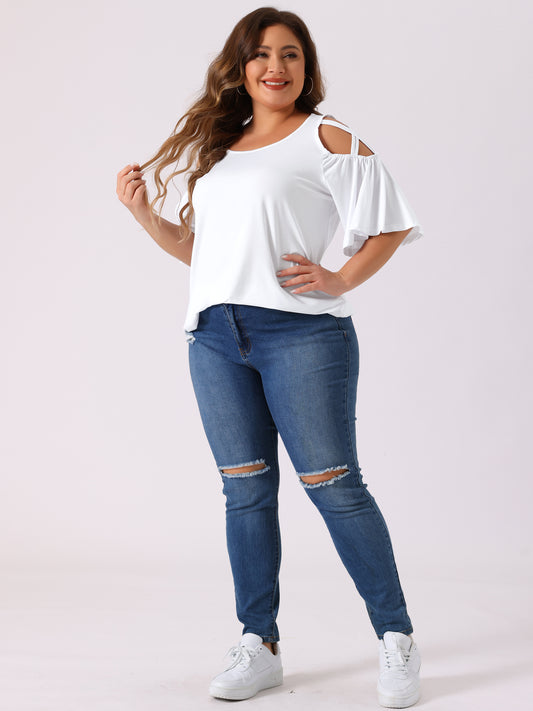 Women's Plus Size Cold Shoulder Bell Sleeve Summer Top