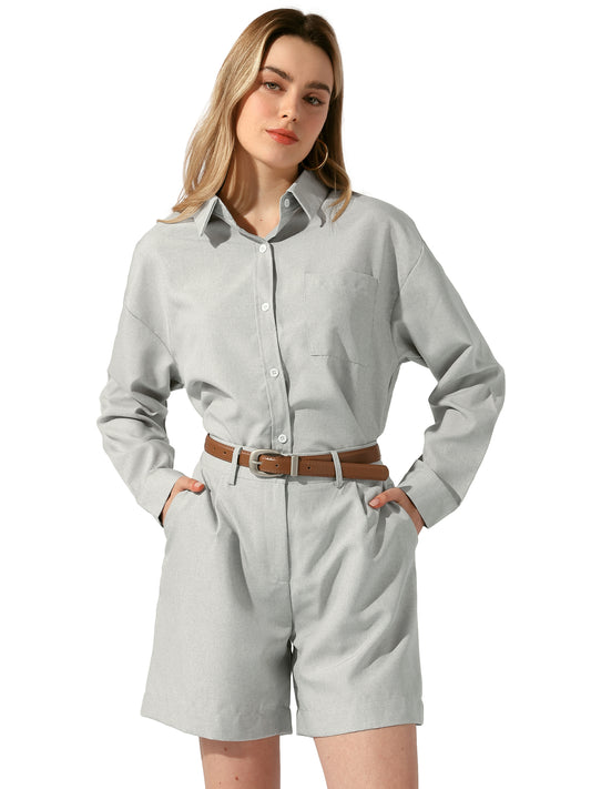 Women's 2 Piece Set Long Sleeve Button Shirt and Belted Shorts