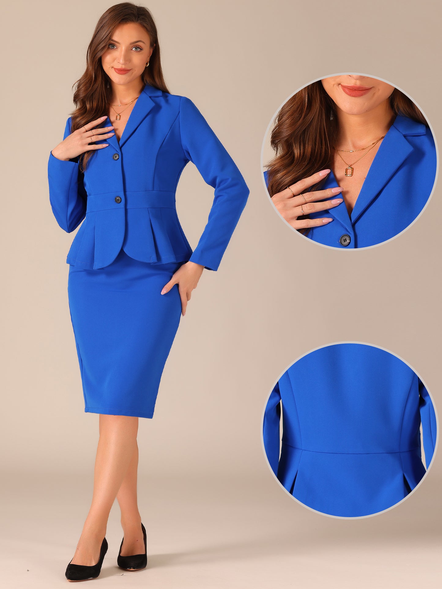 Women's 2 Piece Skirt Suit Set Formal Notched Lapel Peplum Blazer Pencil Skirt (Available in Plus Size)