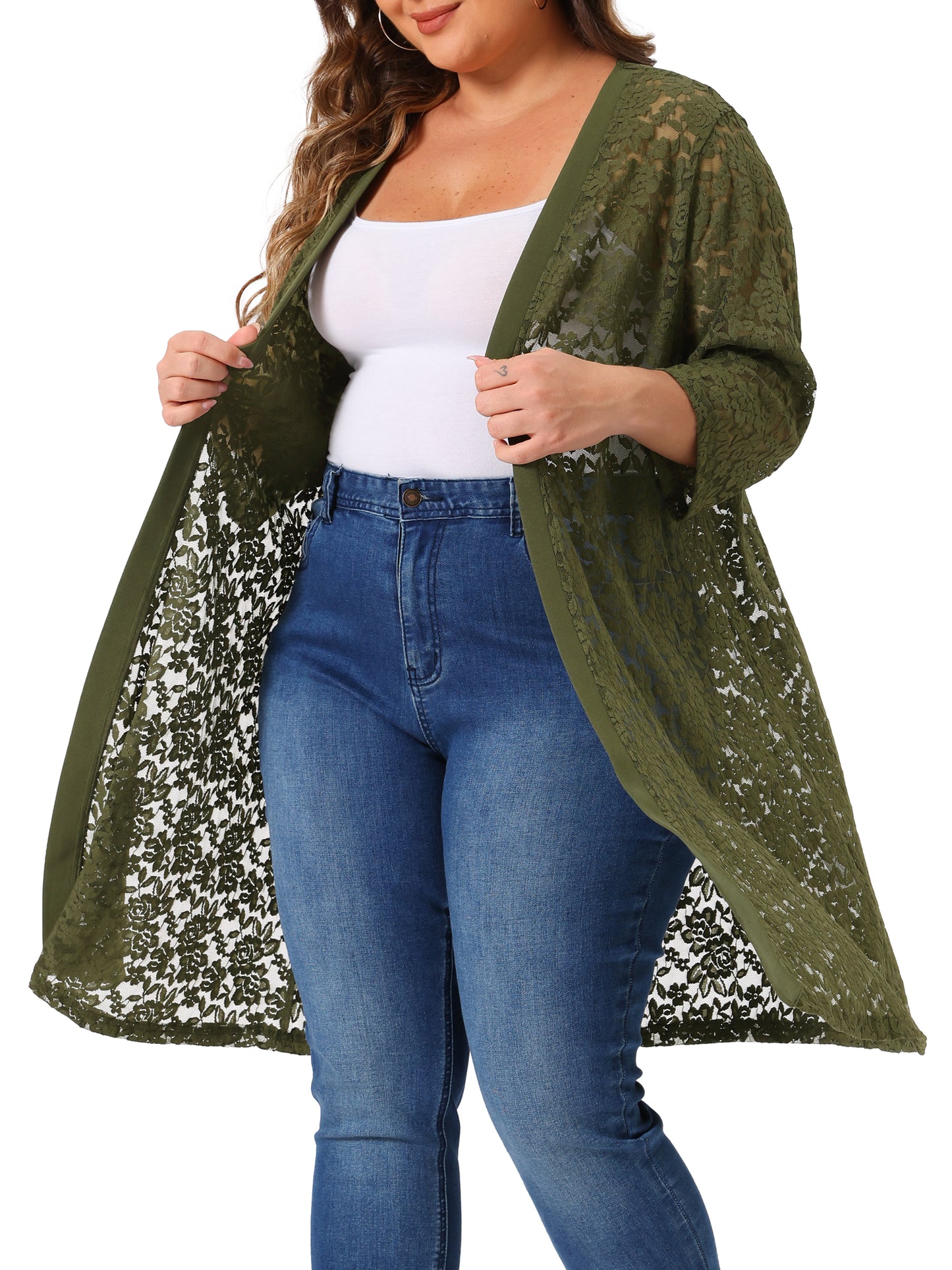 Women Plus Size Cardigans Lace Lightweight Crochet 3/4 Sleeve Cover Up Jacket