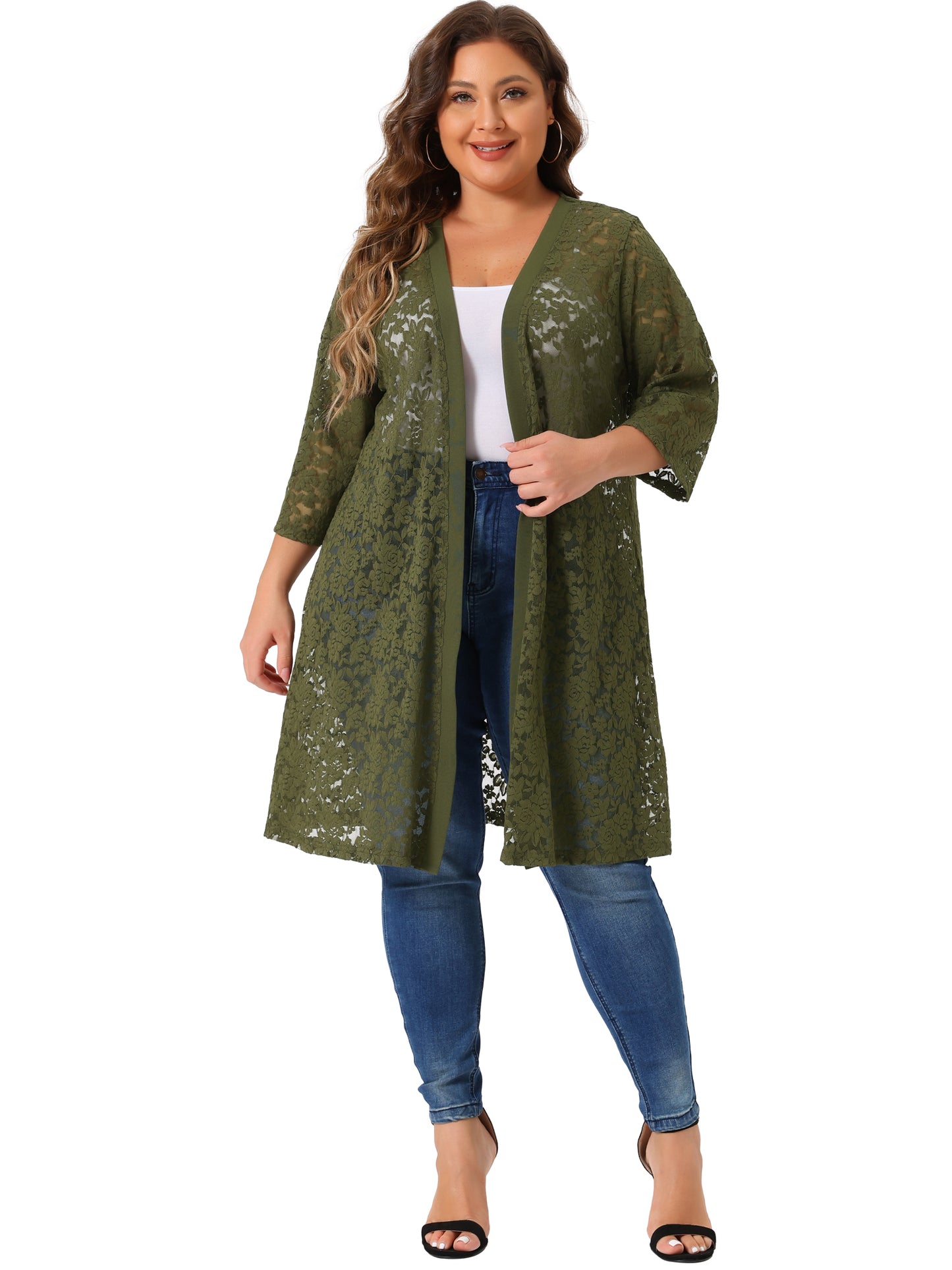 Women Plus Size Cardigans Lace Lightweight Crochet 3/4 Sleeve Cover Up Jacket