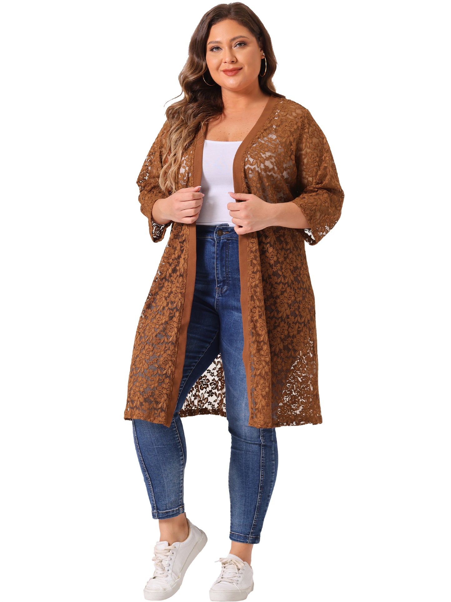 Women Plus Size Cardigans Lace Lightweight Crochet 3/4 Sleeve Cover Up Jacket