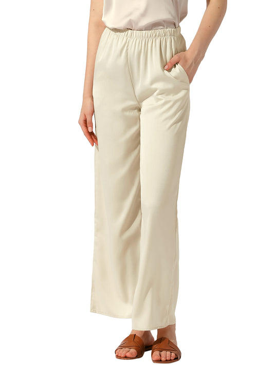 Pantalones casuales de cintura alta elástica para mujer, pantalones anchos de satén