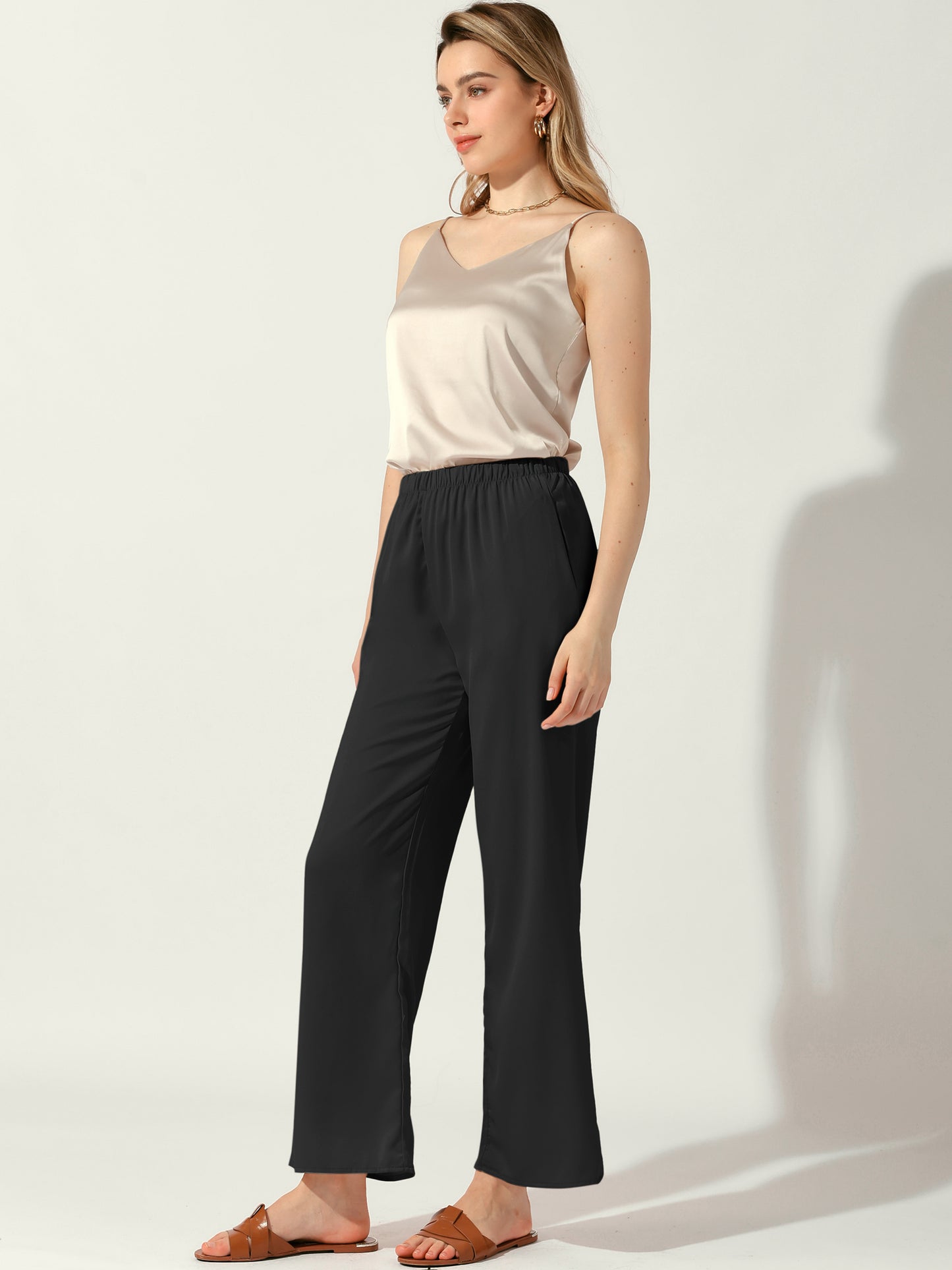 Women's High Elastic Waist Casual Trousers Satin Wide Leg Pants
