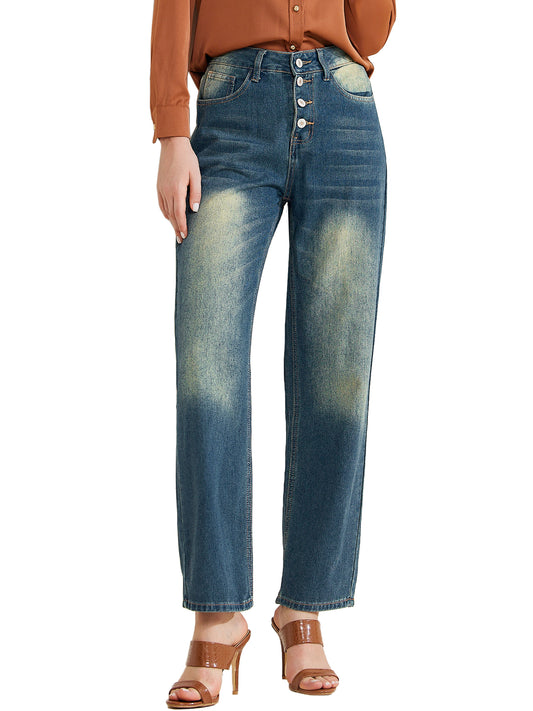 Jeans de pierna ancha para mujer, vaqueros de cintura alta, rectos, con botones y bolsillo.
