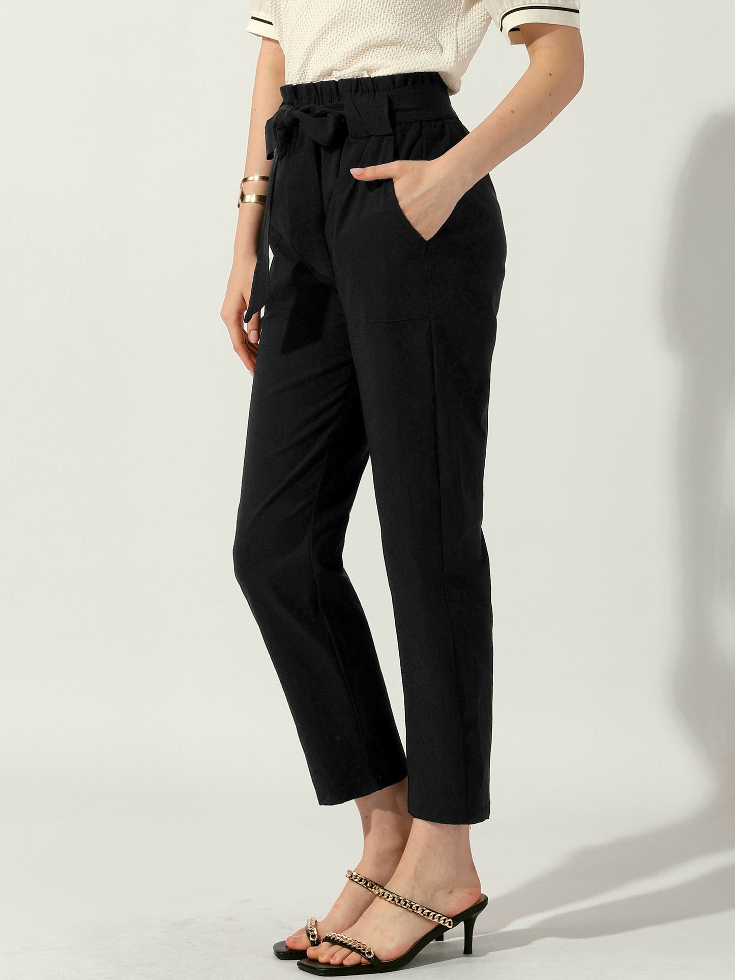 Pantalones de cintura alta con bolsillos y lazo para mujer, estilo casual, estilo oficina, estilo paper bag