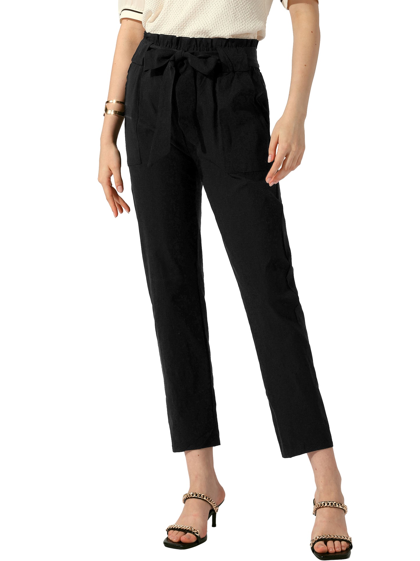 Pantalones de cintura alta con bolsillos y lazo para mujer, estilo casual, estilo oficina, estilo paper bag