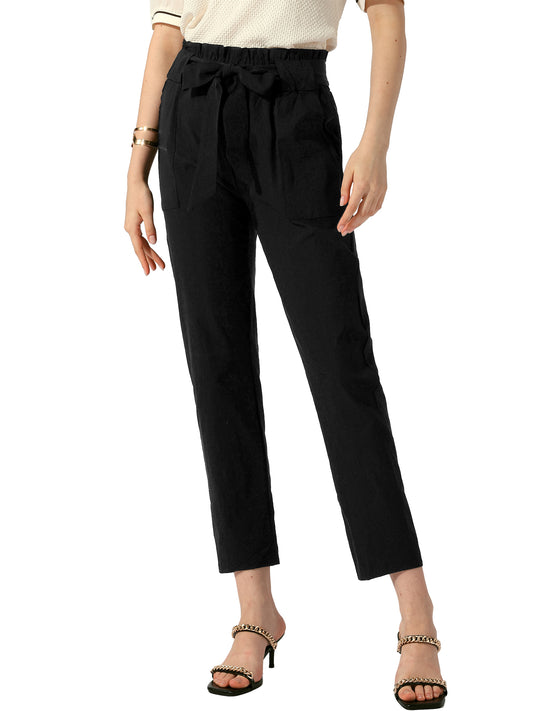 Pantalones de cintura alta con bolsillos y lazo para mujer, estilo casual, estilo oficina, estilo paper bag