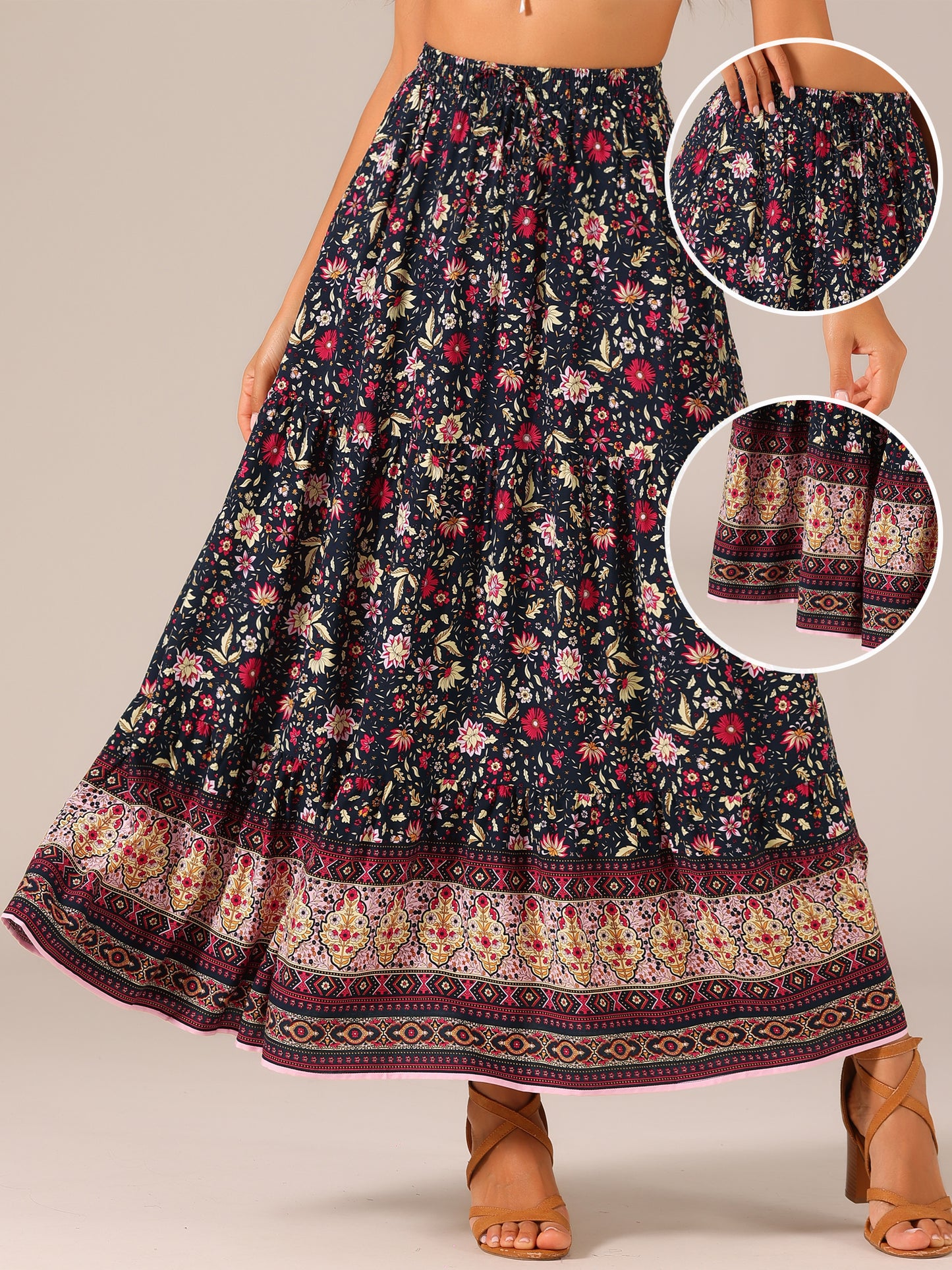 Women's Boho Maxi Skirt Summer Peasant Floral Printed Elastic Waist A Line Long Skirt