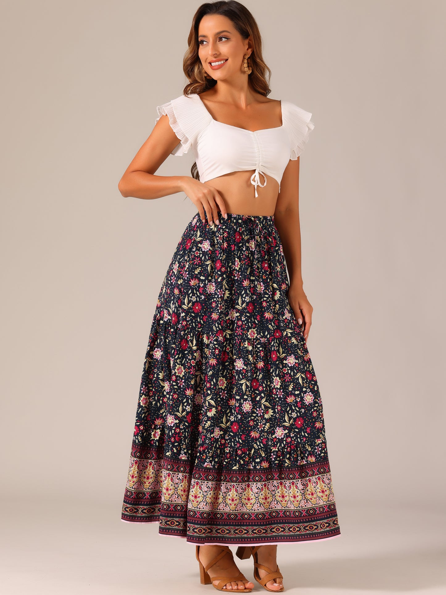 Women's Boho Maxi Skirt Summer Peasant Floral Printed Elastic Waist A Line Long Skirt