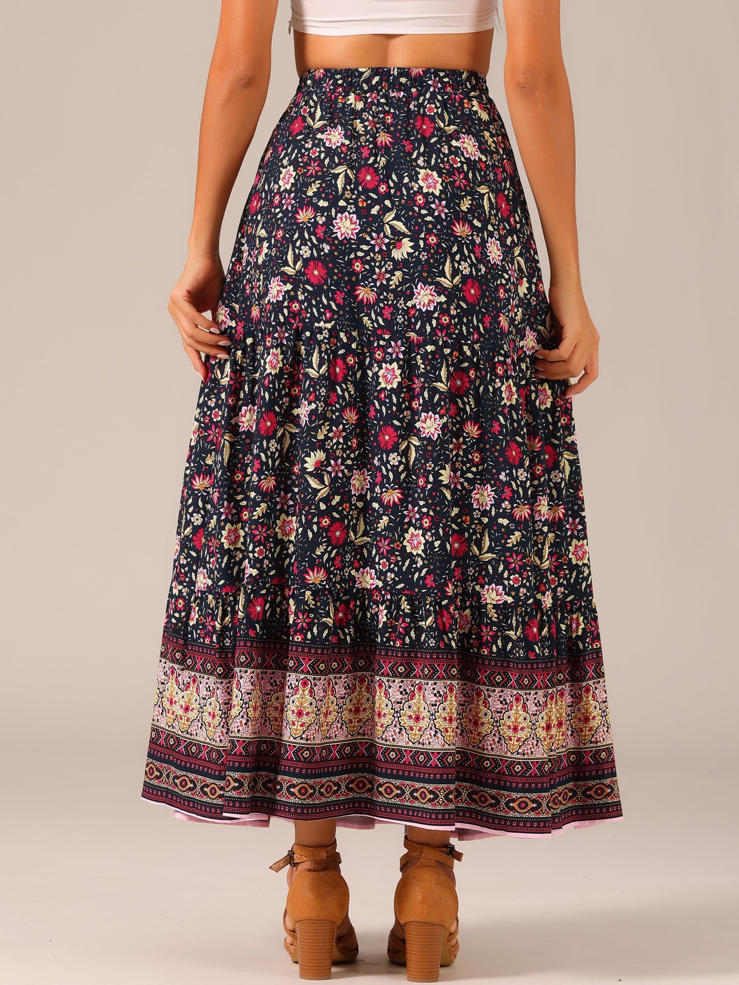 Women's Boho Maxi Skirt Summer Peasant Floral Printed Elastic Waist A Line Long Skirt