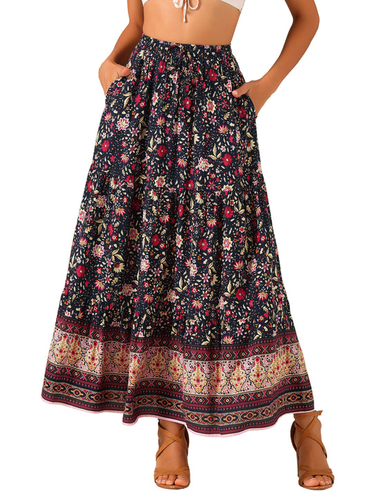 Women's Boho Maxi Skirt Summer Peasant Floral Printed Elastic Waist A Line Long Skirt