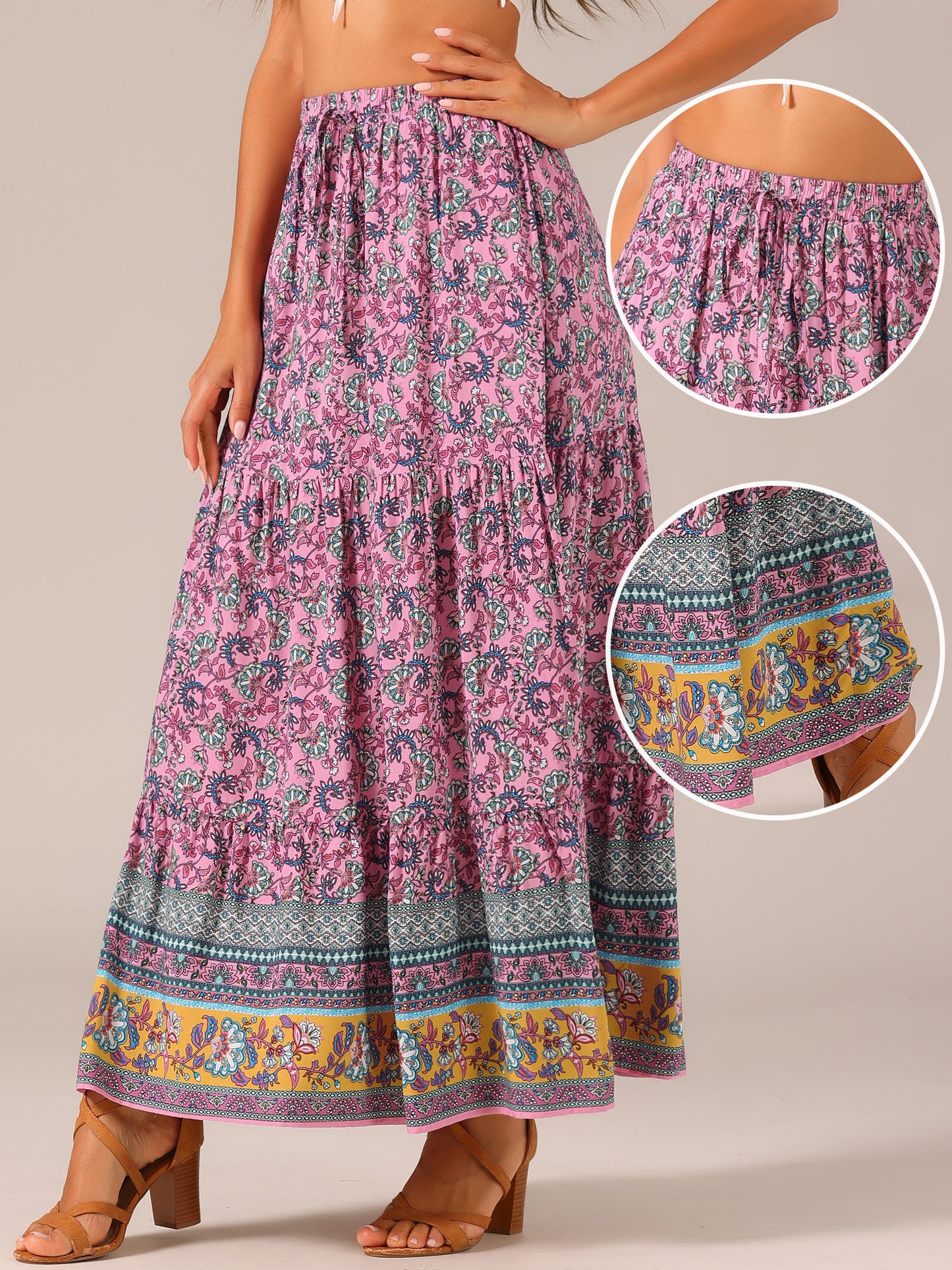 Women's Boho Maxi Skirt Summer Peasant Floral Printed Elastic Waist A Line Long Skirt