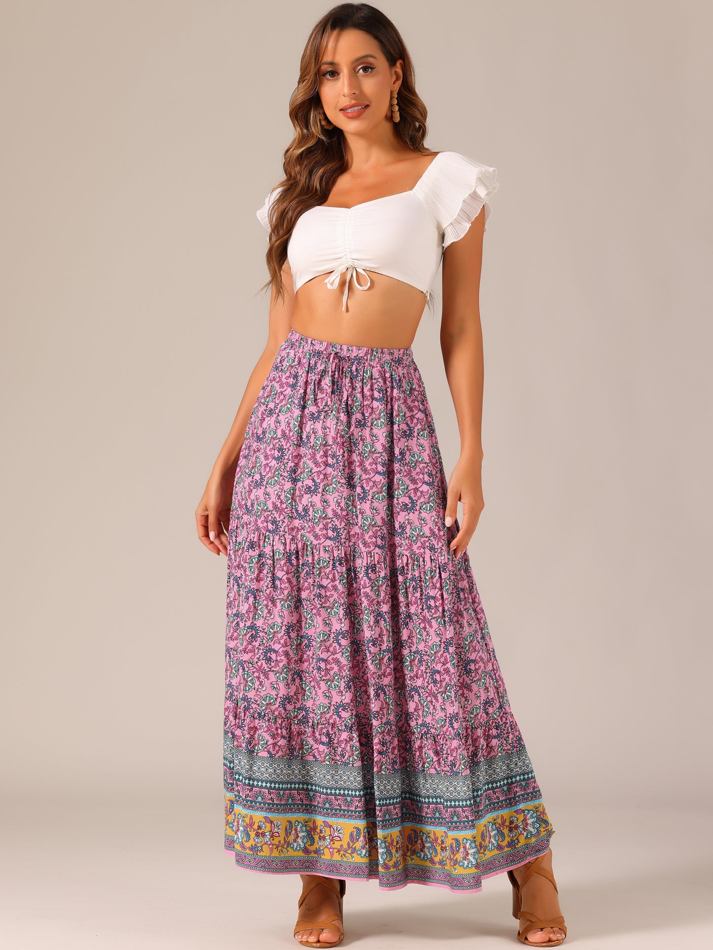 Women's Boho Maxi Skirt Summer Peasant Floral Printed Elastic Waist A Line Long Skirt