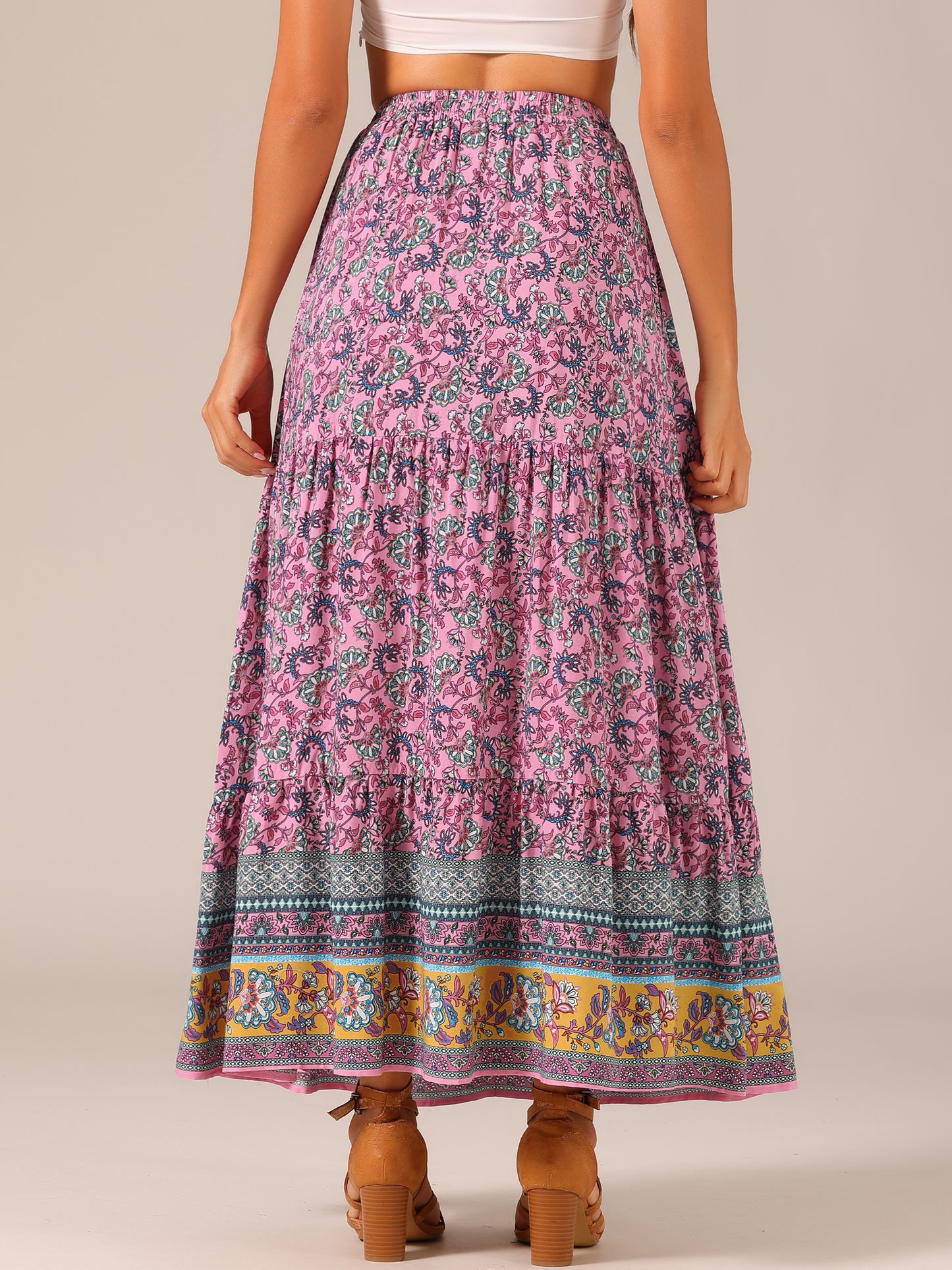 Women's Boho Maxi Skirt Summer Peasant Floral Printed Elastic Waist A Line Long Skirt