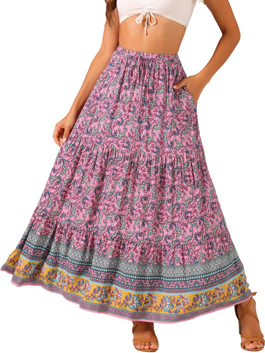 Women's Boho Maxi Skirt Summer Peasant Floral Printed Elastic Waist A Line Long Skirt