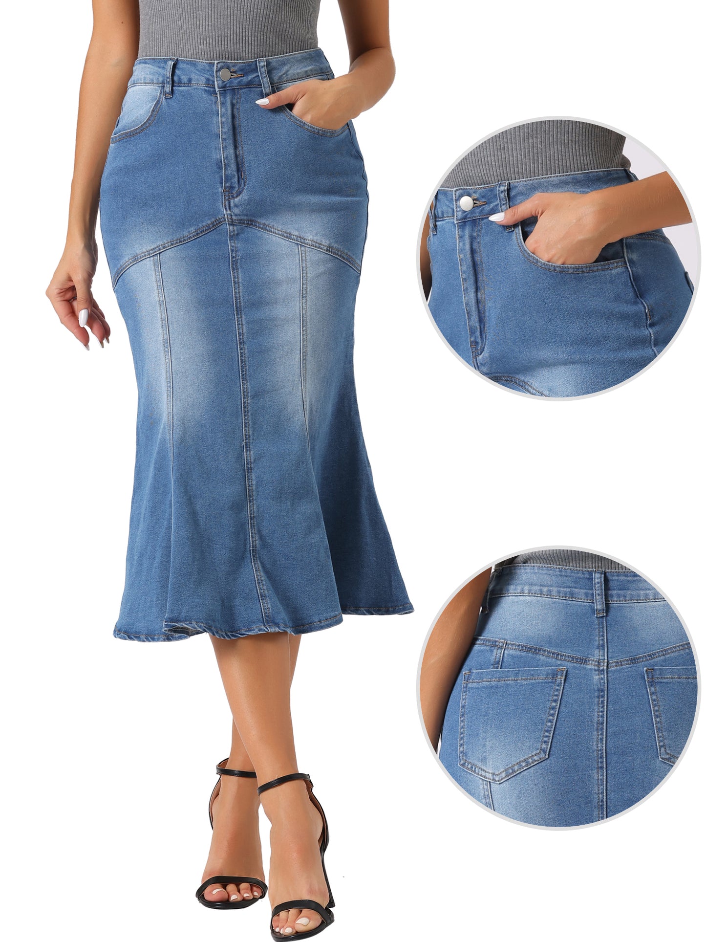 Women's Fishtail Denim Skirt High Waisted Bodycon Midi Jean Skirts