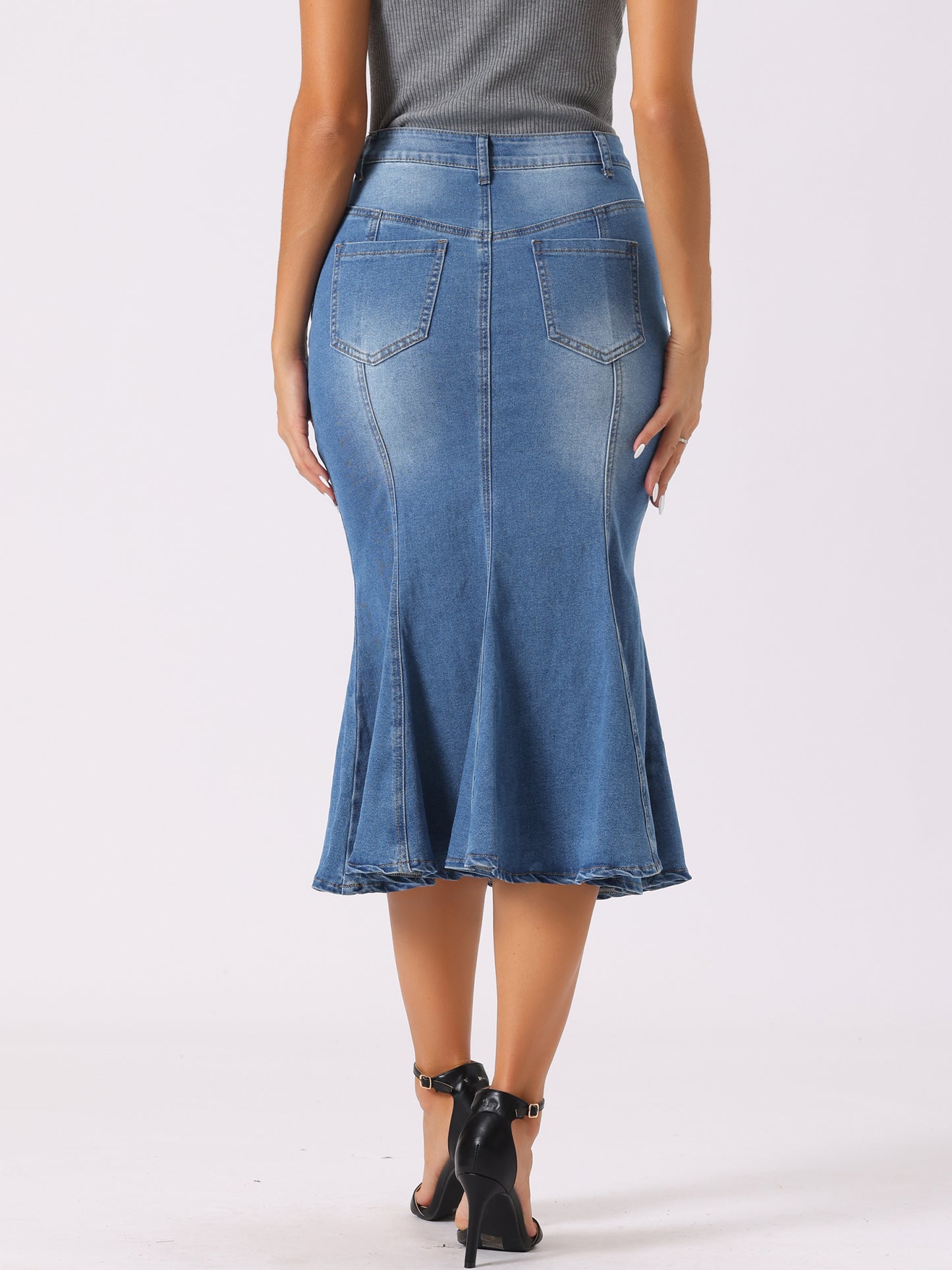 Women's Fishtail Denim Skirt High Waisted Bodycon Midi Jean Skirts