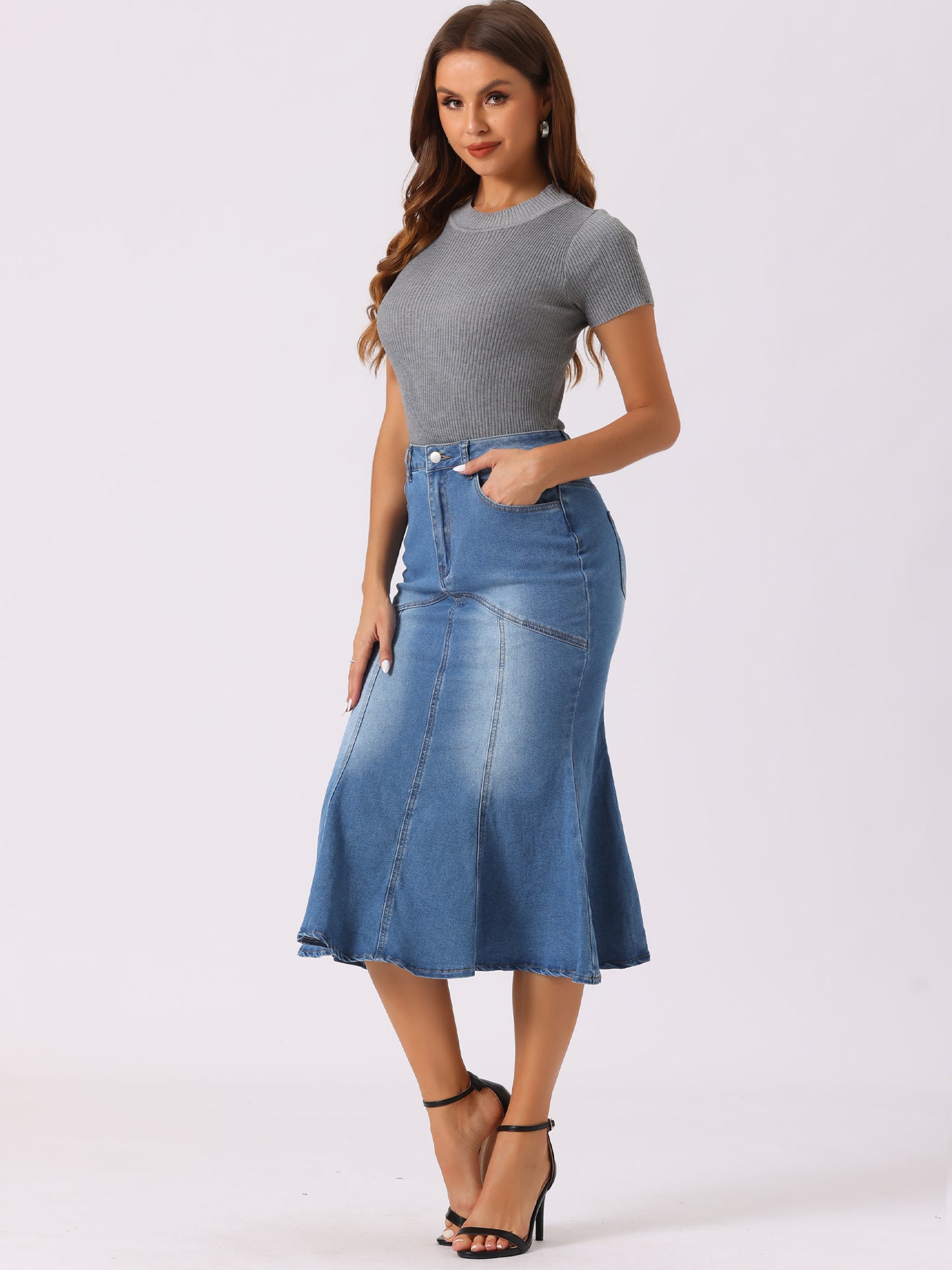 Women's Fishtail Denim Skirt High Waisted Bodycon Midi Jean Skirts
