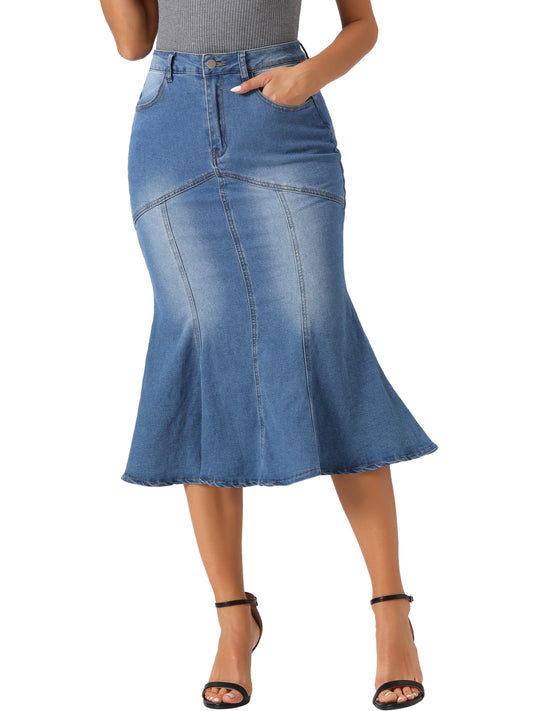 Women's Fishtail Denim Skirt High Waisted Bodycon Midi Jean Skirts