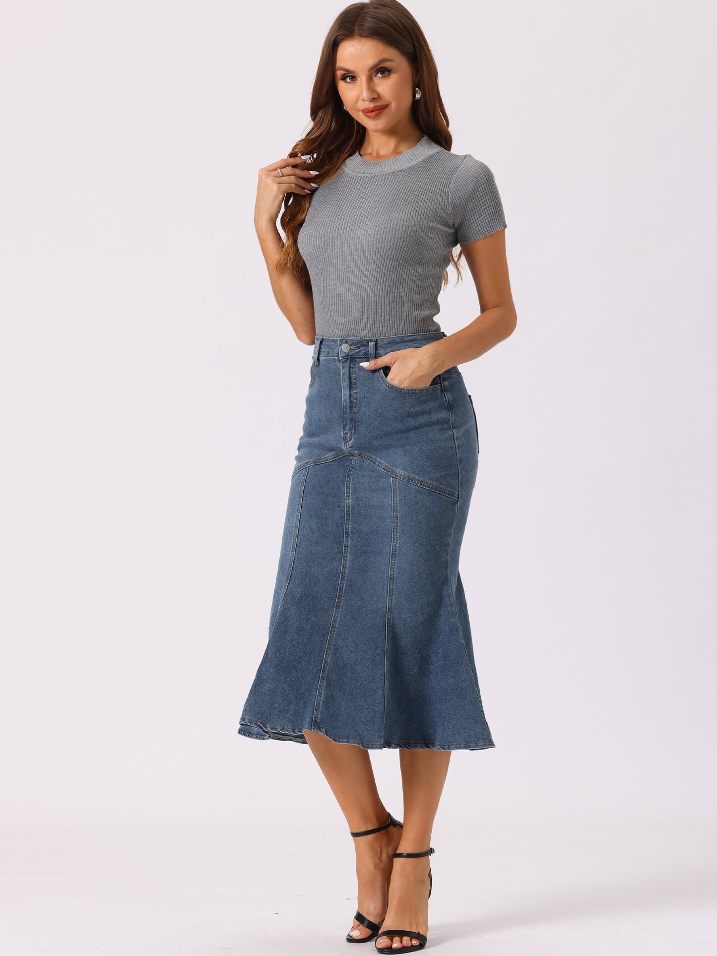 Falda vaquera de cola de pez para mujer, cintura alta, ajustada, midi, falda vaquera