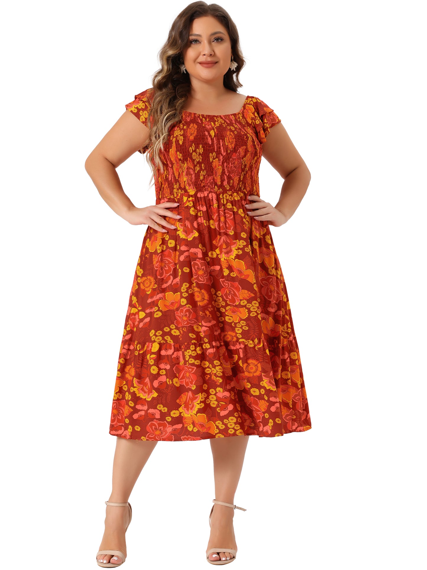 Women's Plus Size Dresses Square Neck Flutter Sleeve Smocked High Waist Flowy Summer Midi Dress