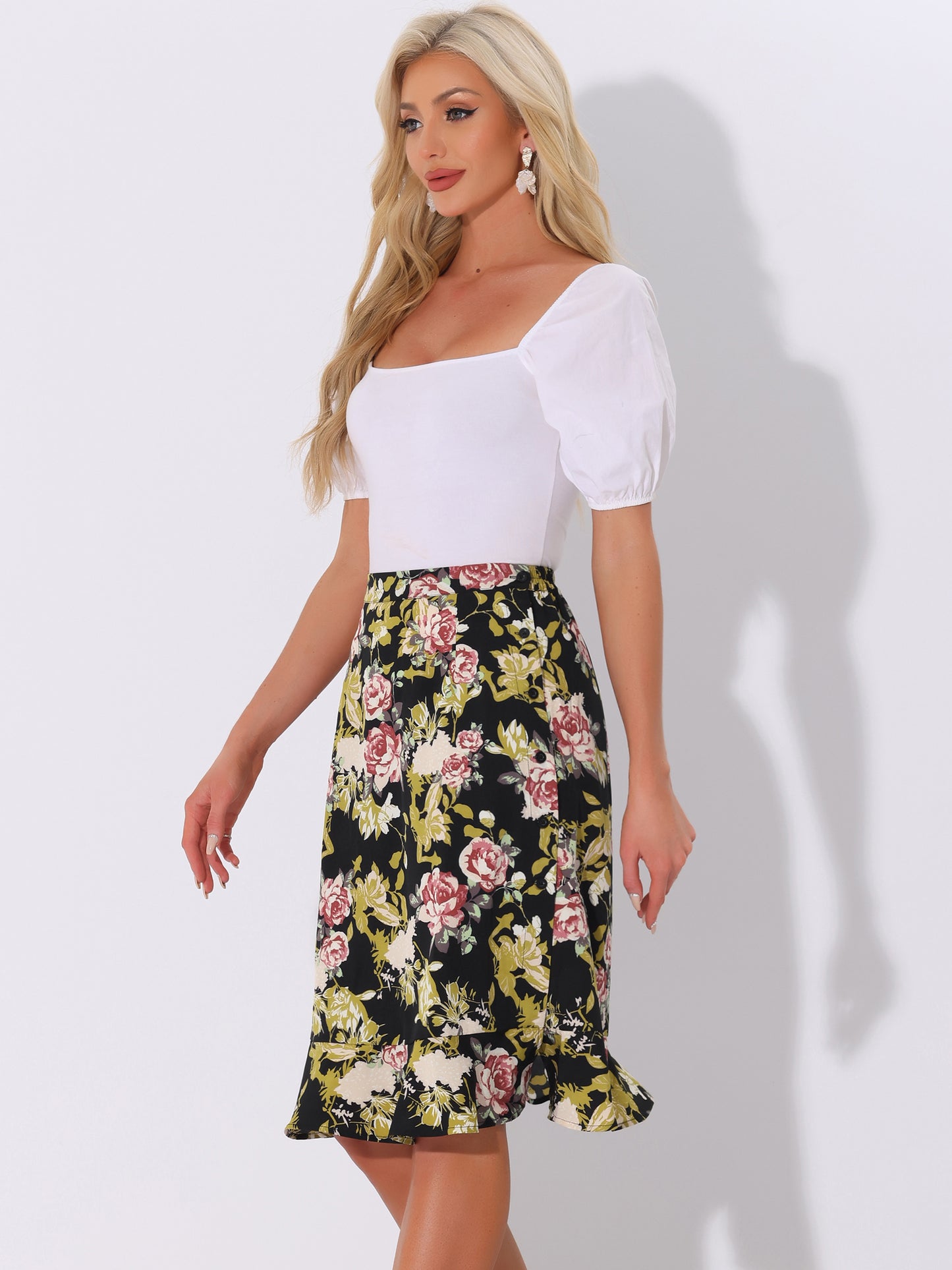 Women's Floral Midi Skirts Summer Ruffle High Waist Flowy A-Line Split Knee Length Skirt
