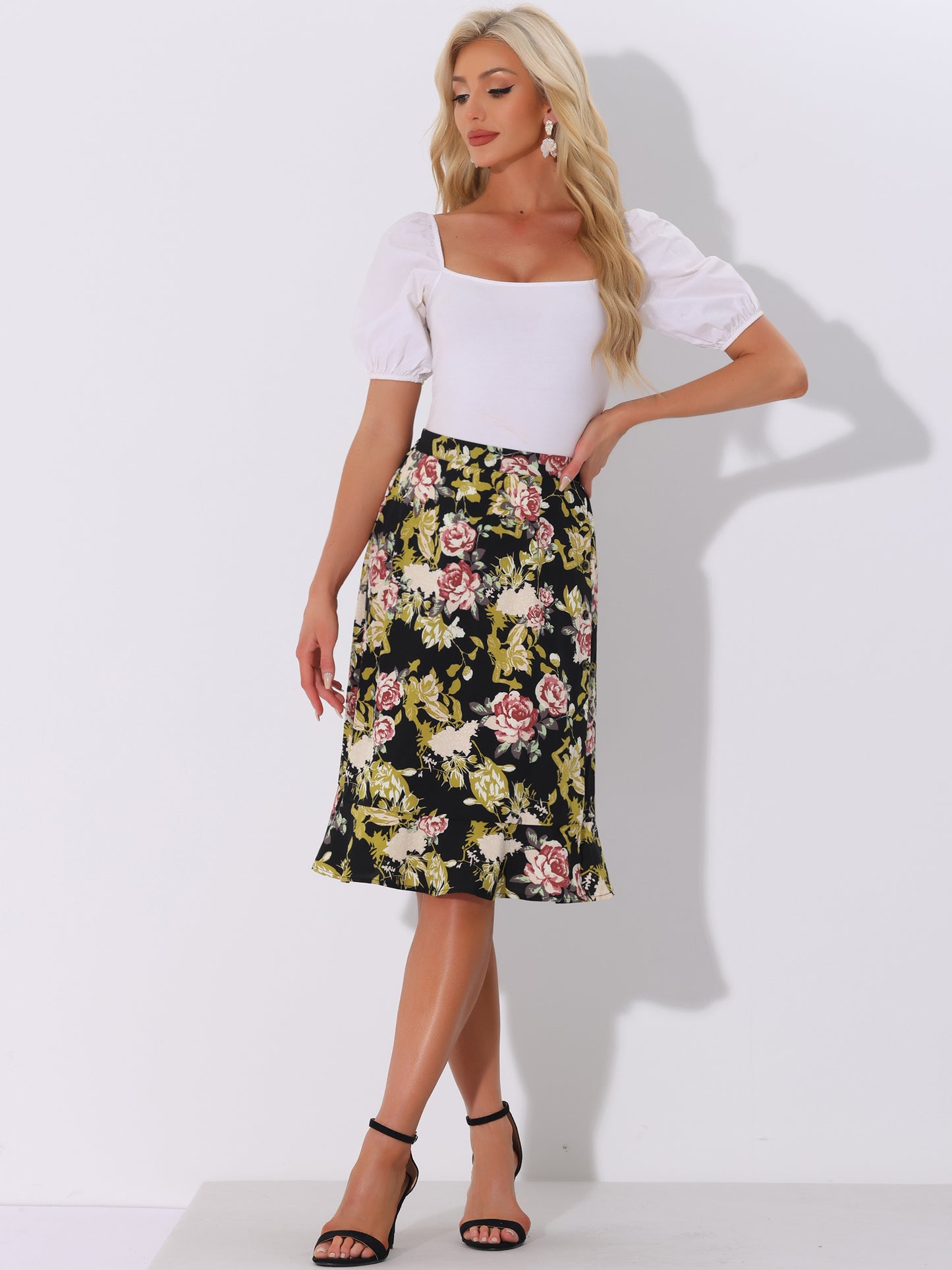 Women's Floral Midi Skirts Summer Ruffle High Waist Flowy A-Line Split Knee Length Skirt