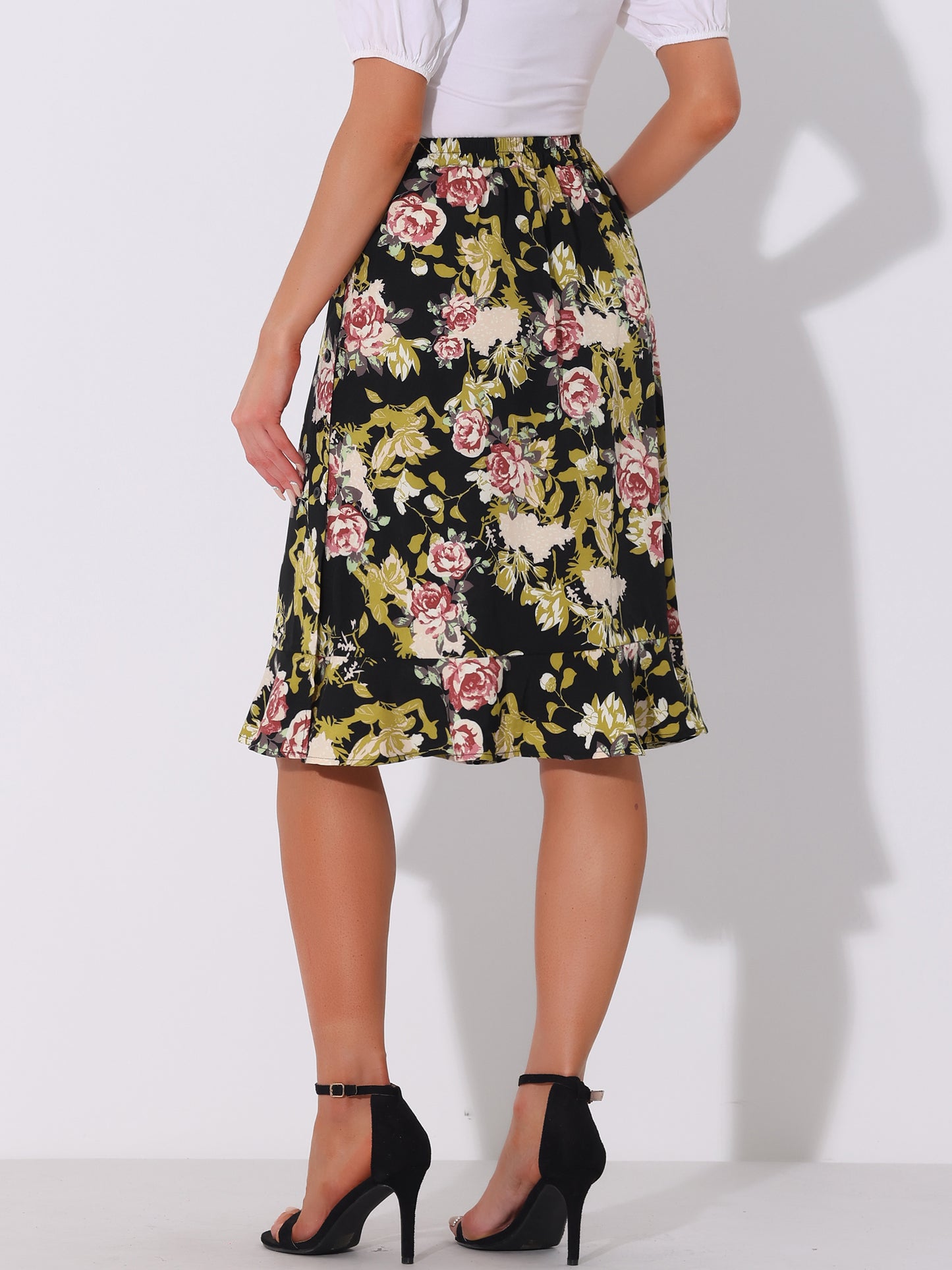 Women's Floral Midi Skirts Summer Ruffle High Waist Flowy A-Line Split Knee Length Skirt