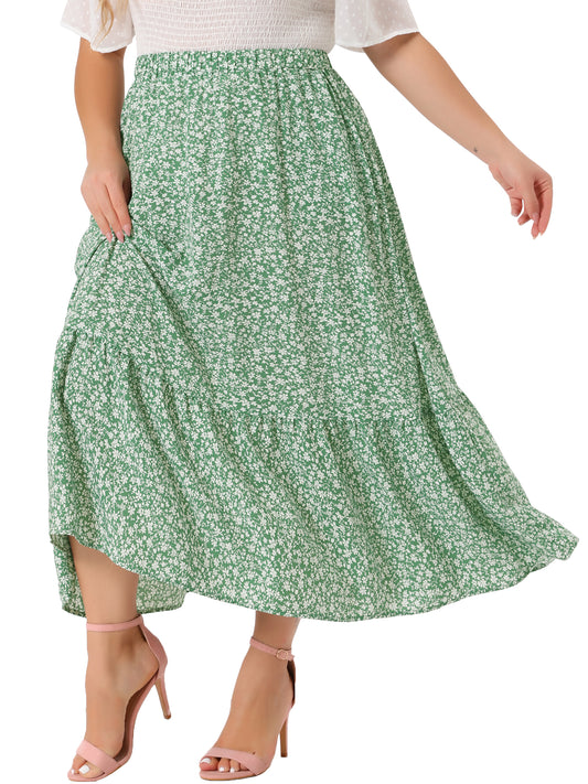 Women Plus Size Skirts Floral Flowy Stretchy Waist Layered A Line with Pocket Summer Maxi Skirt