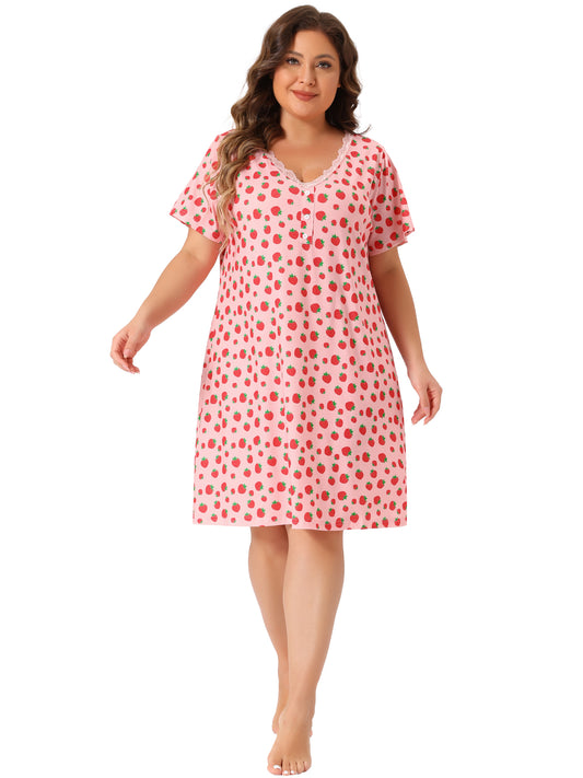 Women Plus Size Loungewear V Neck Lace Panel Sleepwear Nightgown