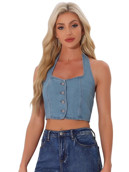 Women's Denim Crop Top Sleeveless Button Front Halter Backless Jean Tank Top