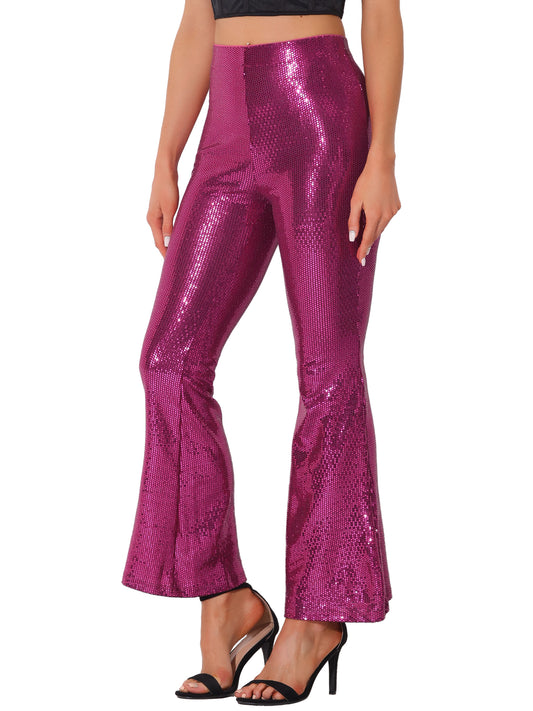 Women's Sequin Flare Pants High Waist Stretch 1980s Retro Vintage Sparkle Long Bell Bottoms