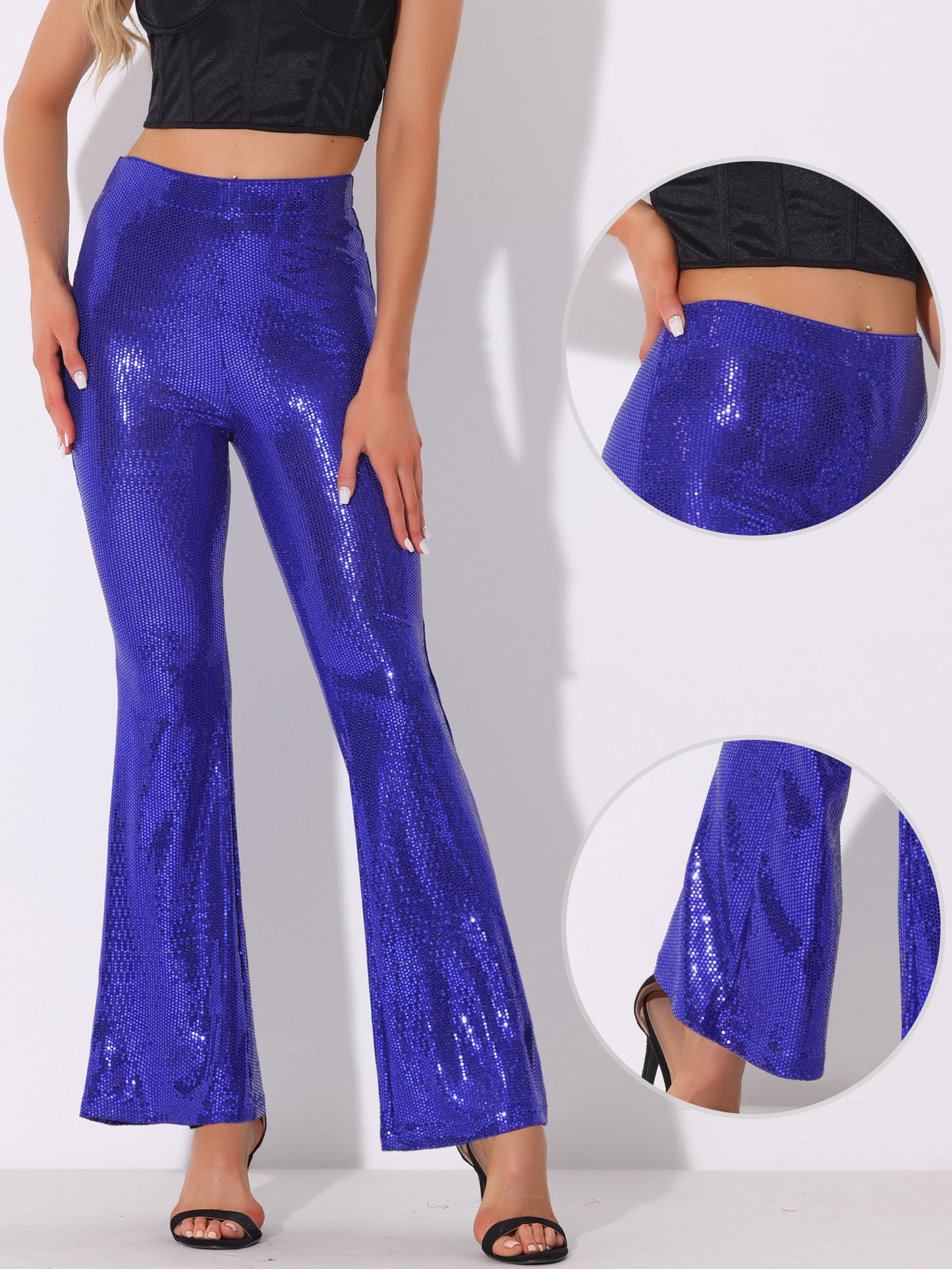 Women's Sequin Flare Pants High Waist Stretch 1980s Retro Vintage Sparkle Long Bell Bottoms