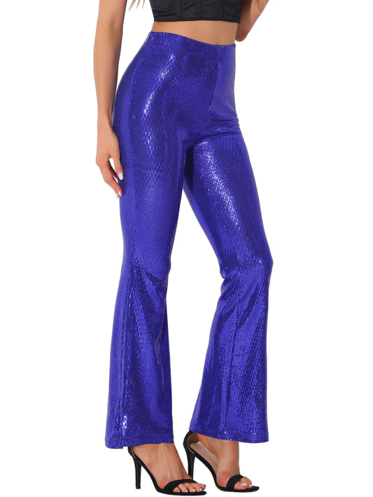 Women's Sequin Flare Pants High Waist Stretch 1980s Retro Vintage Sparkle Long Bell Bottoms