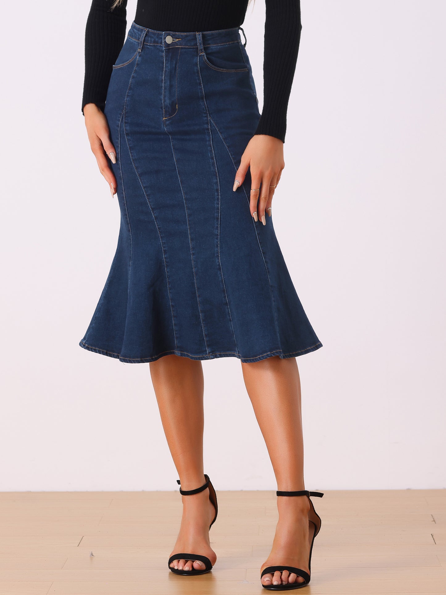 Falda vaquera midi ajustada de cintura alta con volantes y cola de pez para mujer