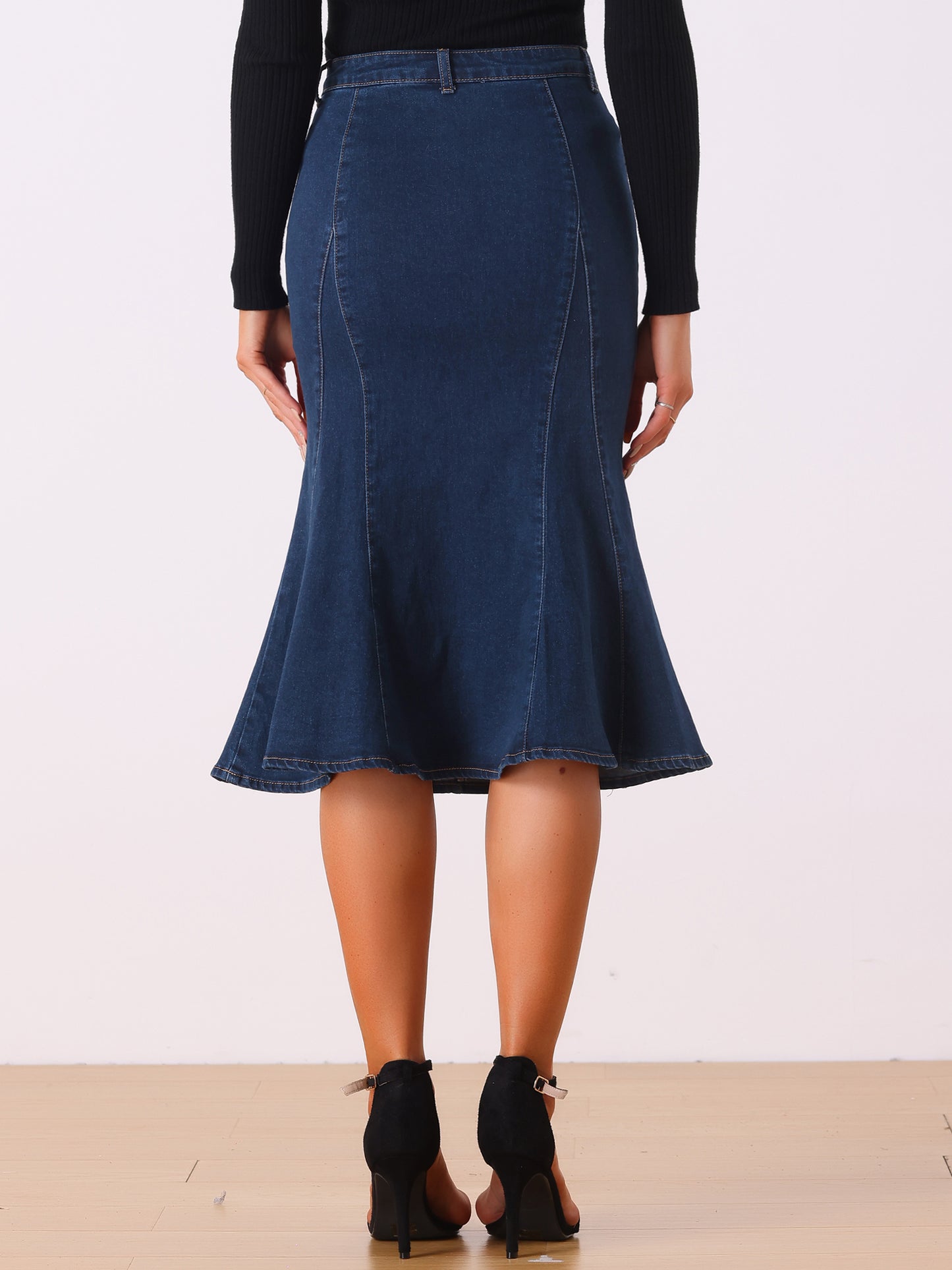 Falda vaquera midi ajustada de cintura alta con volantes y cola de pez para mujer