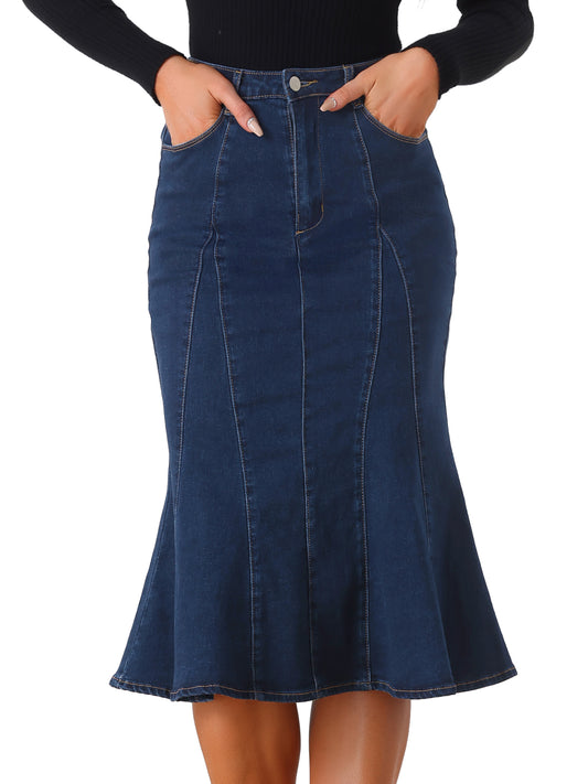 Falda vaquera midi ajustada de cintura alta con volantes y cola de pez para mujer