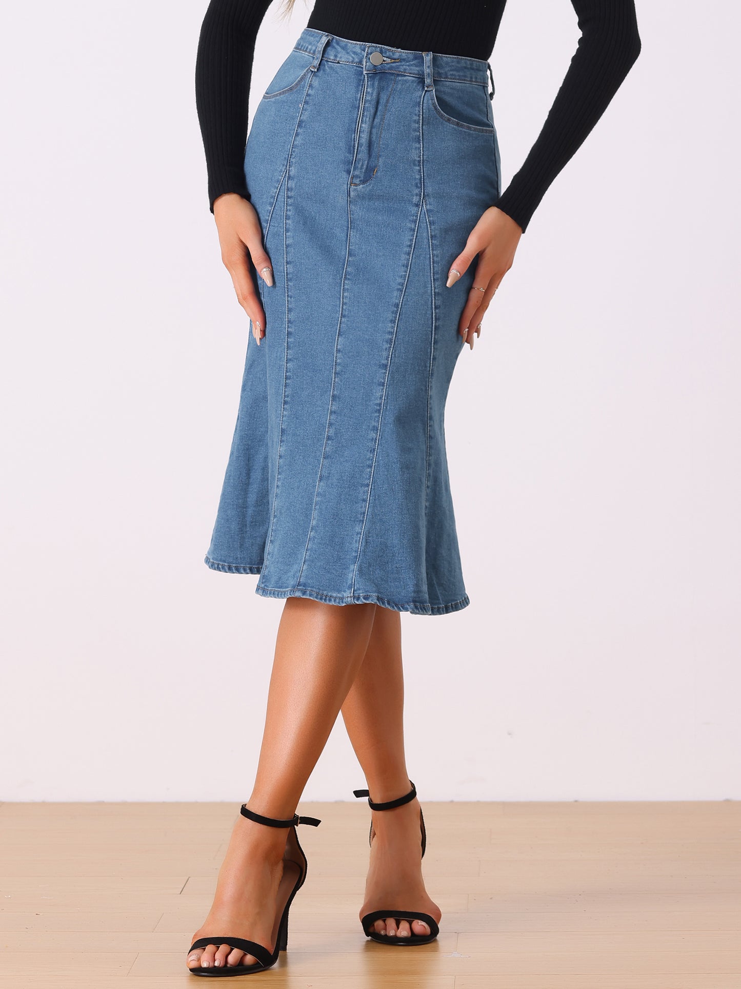 Falda vaquera midi ajustada de cintura alta con volantes y cola de pez para mujer