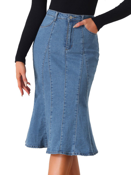 Women's Denim Jean Skirt Midi Bodycon High Waist Ruffle Fishtail Skirt